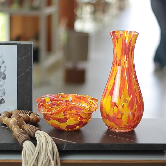 Ca D Oro Glass Vase Orange/Yellow Confetti Effect Hand Blown Murano-Style Art Glass for Flower, Room Decoration and Centerpiece - Model Nº 83