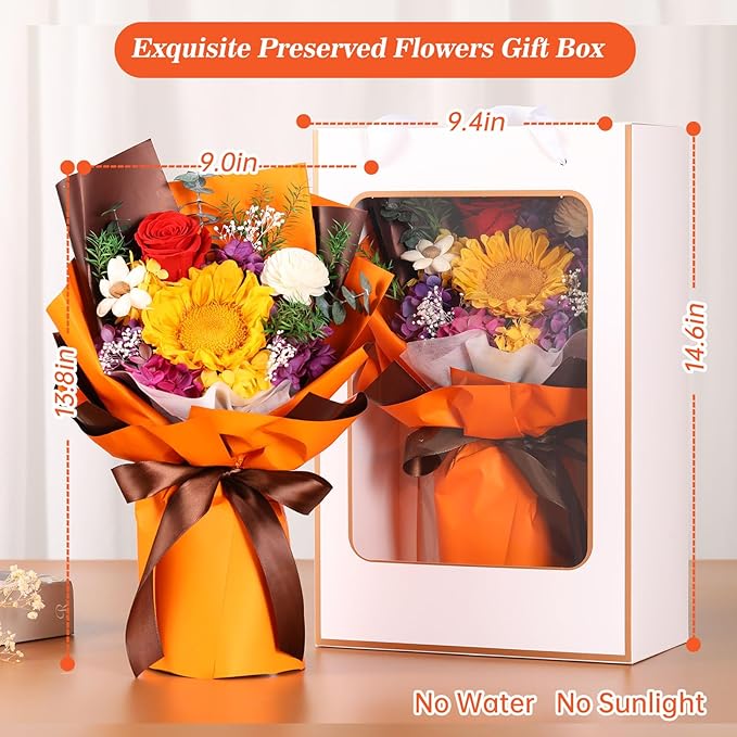 Jtoder Forever Flowers for Delivery, Preserved Flower Bouquets, Long Lasting Orange Sunflower Roses, Gifts Bouquet for Mother Wife Girlfriend on Festivals Birthday Anniversary