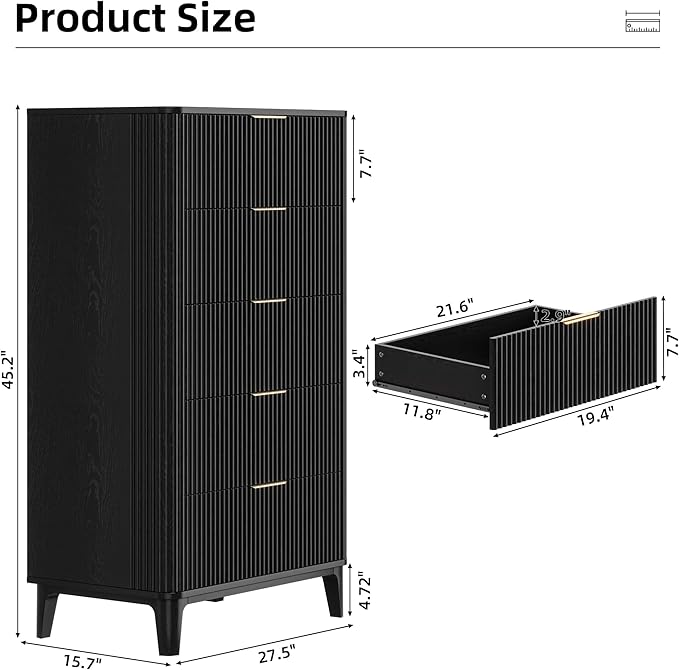 Fluted Dresser for Bedroom with 5 Drawers Set of 2, 45" Large Closet Clothes Wood Tall Dresser Storage Organizer, Mid Century Modern Chest of Drawers with Deep Storage Black