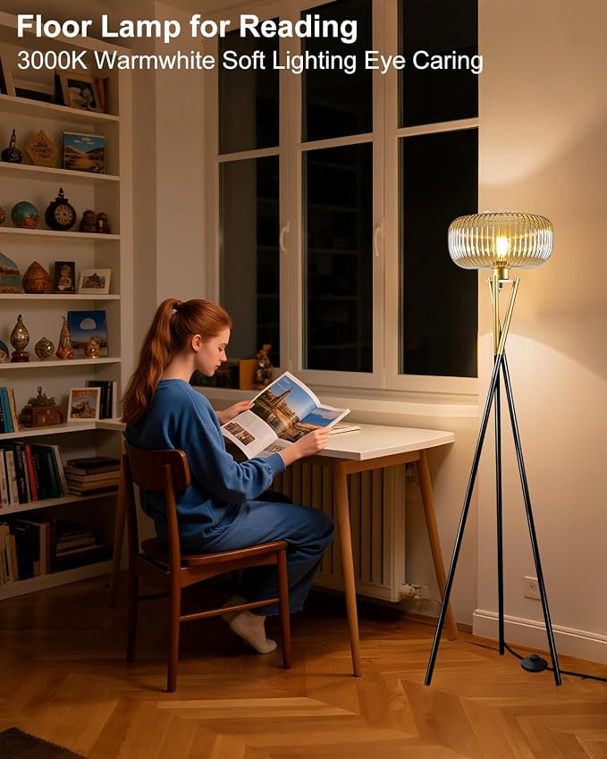 Lightdot Glass Tripod Floor Lamp for Living Room, Modern Gold&Black Standing Lamp with Ribbed Brown Glass Shade, Arc Tall Lamp for Bedroom/Reading Room/Sofa Beside/Corner Decor (Bulb Included)