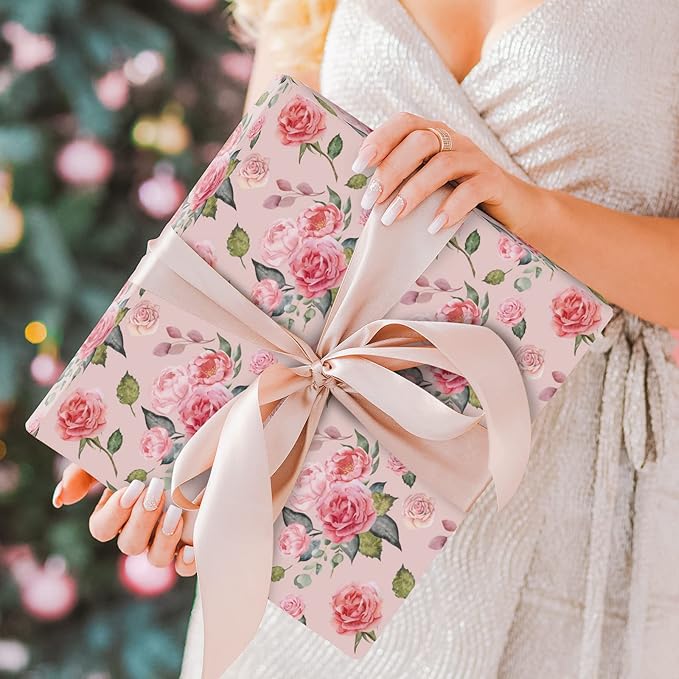 Whaline 12 Sheet Floral Wrapping Paper Vintage Flower Gift Wrap Paper Retro Decorative Art paper for Spring Wedding Baby Shower Birthday DIY Crafts Gift Packing, 19.7 x 27.6 Inch, Folded Flat