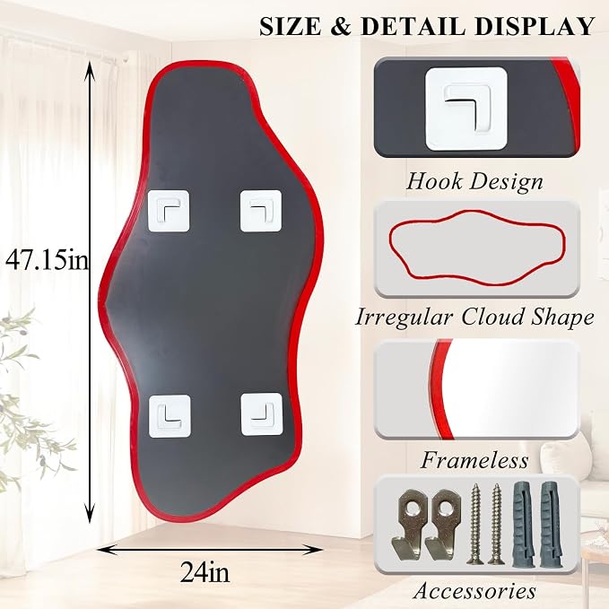 Irregular Wall Mirror, 47.2"x24" Asymmetrical Tempered Glass Mirror, Frameless Organic Shaped Mirrors for Entryway Bedroom Living Room Bathroom, Horizontal or Vertical Hanging ﻿