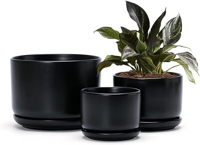 Ton Sin Black Ceramic Pots for Plants, 4.4+5.4+6.9 Inch, Planters with Drainage Hole and Saucer, Indoor Flower Pots for Succulents, African Violets, Small House Plants