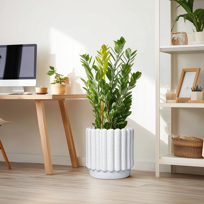 Ceramicfor Ceramic Flower Pots - 12 Inch Plant Pot Indoor Outdoor, Fluted Large Ceramic Planters with Drainage Hole, Modern Round Planters, Apartment Decor, Plant Lover Gifts, White
