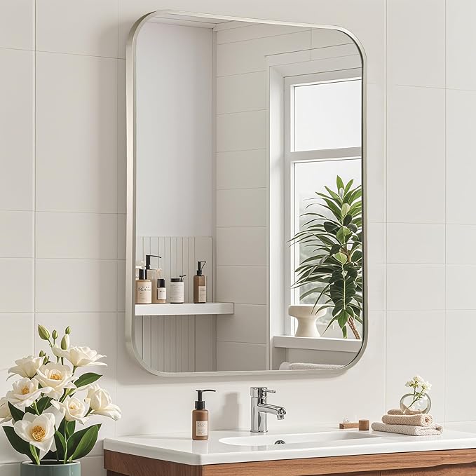 Brushed Nickel Mirror, 22"x30" Rectangle Bathroom Mirror, Metal Frame Rectangle Corner Vanity Mirror, Wall Mounted Mirror for Modern, Living Room, Bedroom, Horizontal Or Vertical