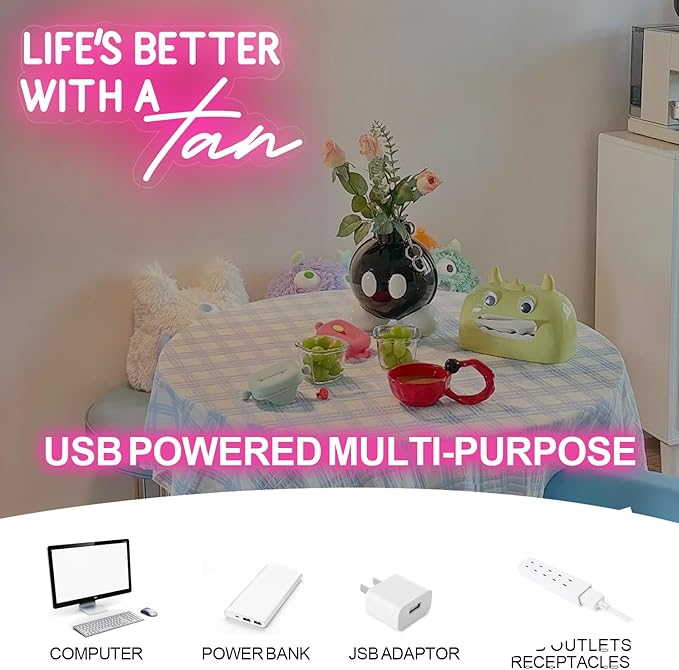 Life Is Better With A Tan Neon Sign,Beauty Salon LED Sign,Tanning Salon Decor,Tanning Wall Art,Make Up Studio Decor,Makeup Wall Art,Spa Sign, Encouraging Light, Pink Led Light for Summer Lovers