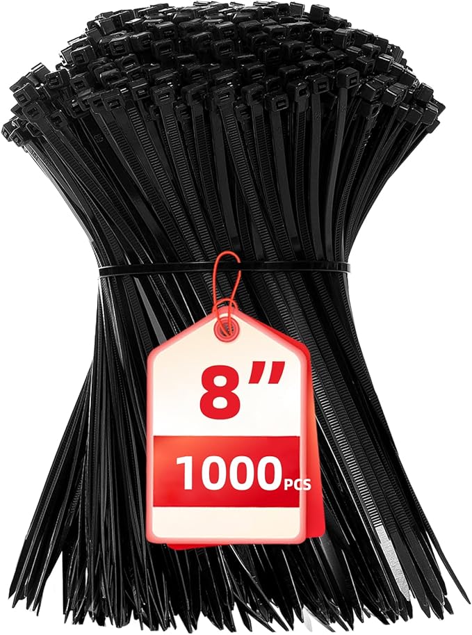 Zip Ties 8 inch, 1000 Pack Black Zip Ties, Self-Locking Nylon Cable Ties with 40 lbs Tensile Strength,Wire Ties for indoor and outdoor use.