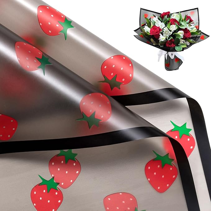 WRAPAHOLIC 20 Sheets Flower Wrapping Paper - 22.4 x 22.4 inch Black Strawberry Water-Resistant Floral Bouquet Wrapping Paper, Florist Supplies Packaging for Graduation Ceremony Gift DIY