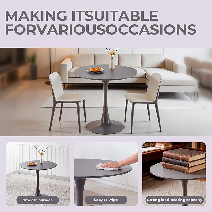 31.5" Tulip Table for 2-4 Persons Modern Round Dining Room Table, Mid-Century Modern Grey Small Kitchen Table with MDF Wooden Top, Leisure Coffee Table for Living Room, Dining Room, Office