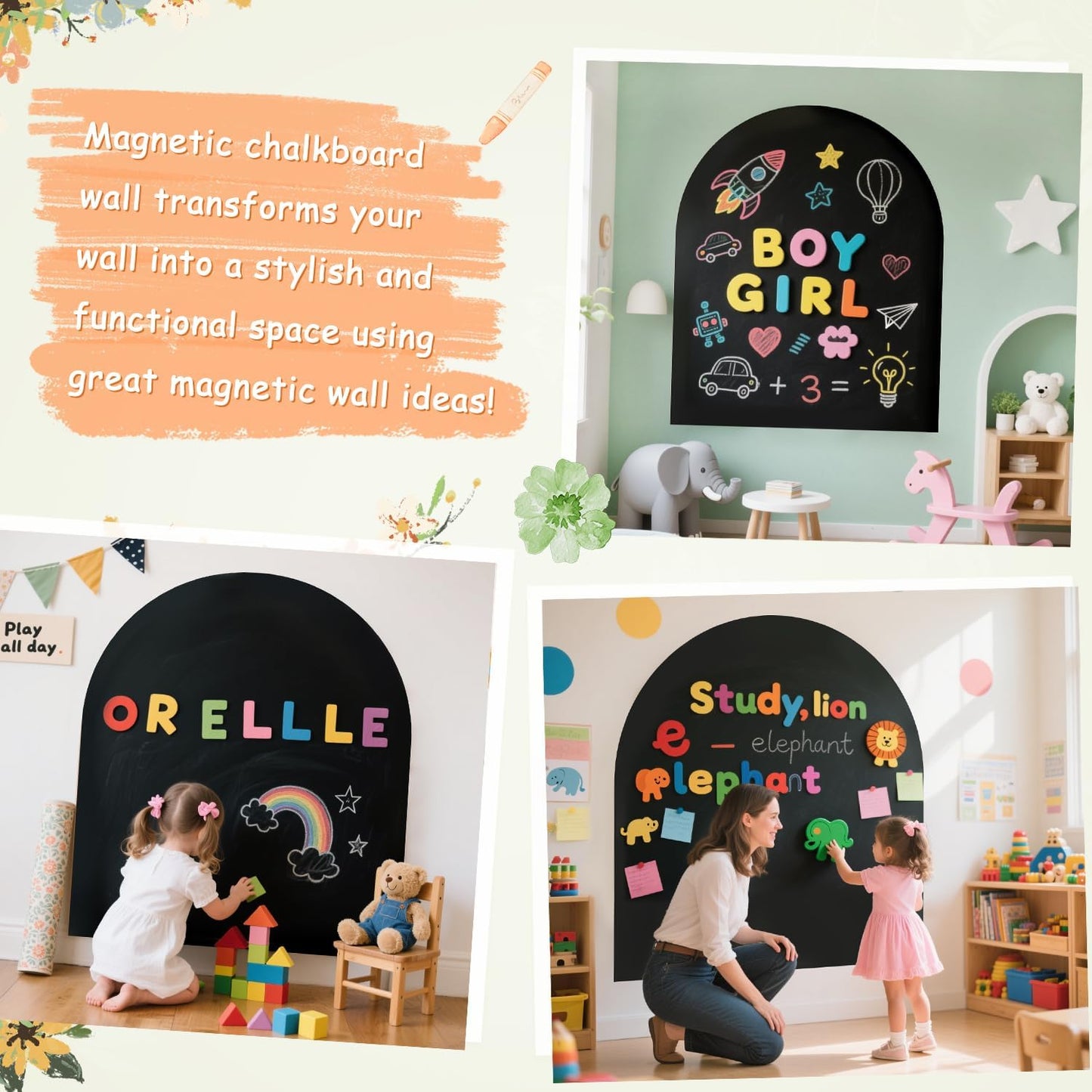 Skiennix Magnetic Wall Decal - 40x32 Inches Black Chalkboard with Accessories for Home & Playroom