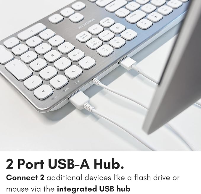 Macally Wired Keyboard for Mac with USB Ports for Mouse - Compatible Apple Keyboard for MacBook Pro/Air, iMac - Aluminum Frame