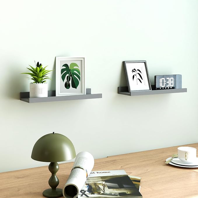 Floating Shelves for Wall Decor, Wall Mounted Wood Storage Shelf for Bedroom, Living Room, Bathroom, Kitchen, Nursery, Display Picture Ledge Shelf with Lip Set of 2-14 Inches, Grey