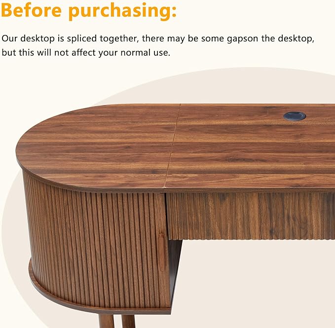 ORRD Home Office Oval Desk with Sliding Tambour Door and Drawer, Modern Fluted Wood Executive Computer Storage Desk for Study, Living Room, Bedroom, Office - Walnut