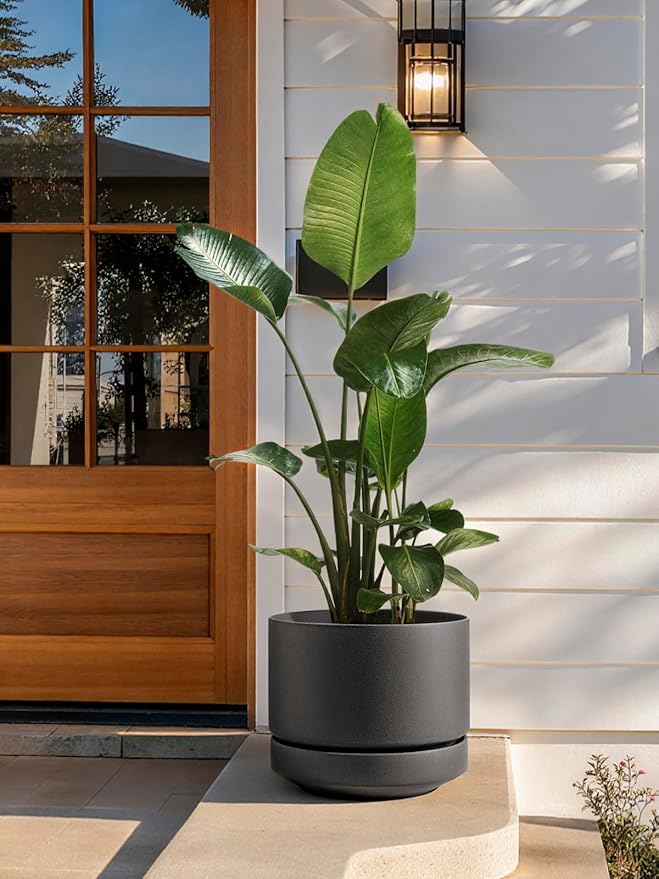 LE TAUCI 14 Inch Large Plant Pot with Saucer, Ceramic Outdoor & Indoor Big Planter with Drainage Hole, Mesh Pad & Plug Included, Unglazed Porous, Modern for Home and Patio, Charcoal Gray