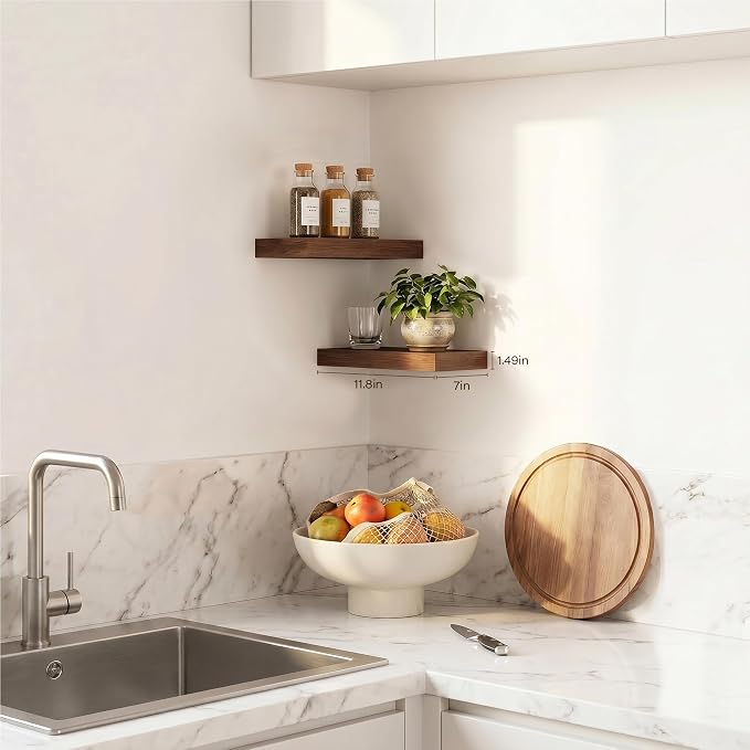 Walnut Floating Shelves for Wall Set of 2, 11.8 Inch Small Wood Wall Shelves for Bathroom Over Toilet, Bedroom & Home Office Storage, Wall Mounted Shelves for Books, Decor & Small Plants