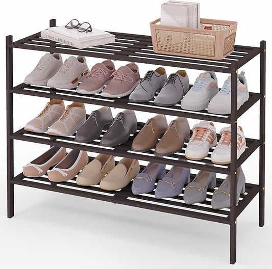 Smiry Long Bamboo Shoe Rack 4-Tier, Stackable Wooden Shoe Organizer for Entryway & Closet, Free Standing Wood Shoe Storage Shelf for Front Door & Small Spaces, Brown