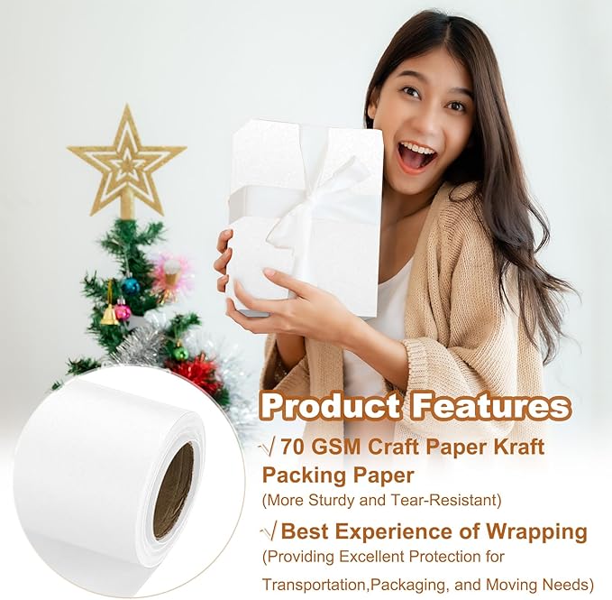 PATIKIL Wrapping Paper, 20" x 300"(25') 70 GSM Craft Paper Roll Kraft Packing Paper for Poster Bulletin Board, Gift Wrapping, White