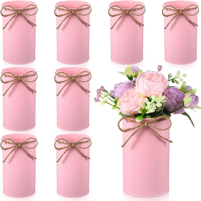 Domensi 5.91 in High Farmhouse Vase Decor Galvanized Metal Flower Vase with Twine Bow Vintage Rustic Tin Flower Buckets for Artificial Floral Table Container DIY(Pink,8 Pcs)