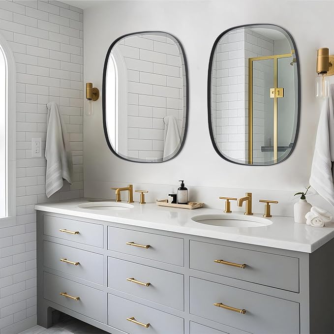 POZINO Beveled Bathroom Mirror, 24"x32" Matte Black Vanity Mirror for Over Sink, Modern Rectangle Wall Mirrors for Entryway Hallway Bedroom Living Room, Hangs Vertically or Horizontally