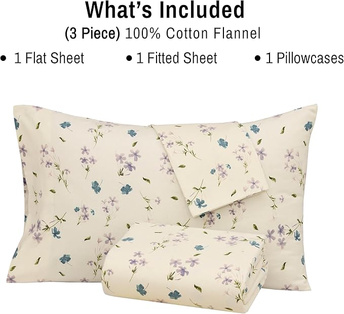 RUVANTI Flannel Sheets Split King Size - 100% Cotton Brushed Split King Bed Sheets Set - Deep Pockets 16 Inches - All Seasons Breathable & Extra Soft - Warm & Cozy, 5 Piece, Jasmine Stamp Cream