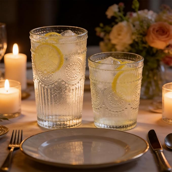Loivttvv 12pcs Vintage Drinking Glasses Set, 12 oz Highball Glasses & 9 oz Embossed Ribbed Glassware Cups for Cocktail, Water, Juice, Coffee, Whiskey (Clear)