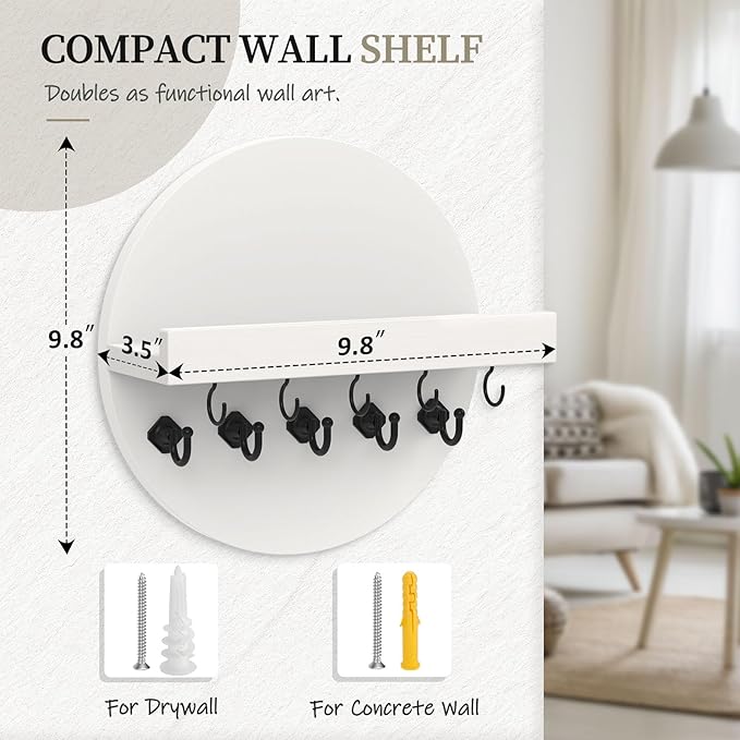 Nekon Key Holder Wall Mount, Key and Mail Organizer for Wall, 9.8 Inch Round Wooden Rustic Wall Organizer for Entryway, Hallway, Kitchen, Office (White)