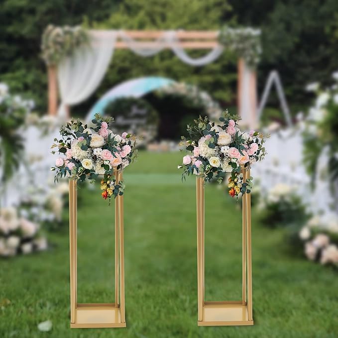 2PC 23.6" Flower Stand for Wedding Metal Cylinder Stands for Party Rectangular Gold Centerpieces Flower Vase Gold Pedestal Columns for Weddings Indoor Outdoor Flower Plant Stand Decoration