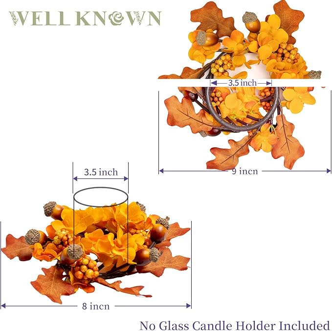 2 Pcs Mini Orange Acorn & Berry Candle Rings Wreaths for Pillars Home Table Window Decor, 9" Artificial Hydrangea Flower Cabinet Wreath for Fall Winter Kitchen Farmhouse Wedding Christmas Party Gift