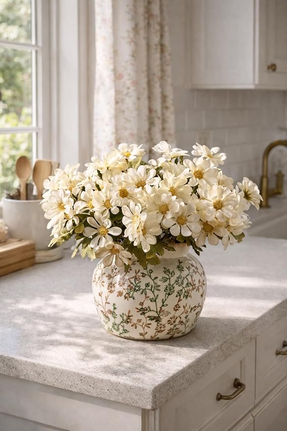 SIDUCAL Ceramic Green and Beige Vase with Wide Mouth Lace, 4.84 Inch Cracked Chinoiserie Rustic Farmhouse Vases, Pastoral Retro Vase for Home Decor, Table, Living Room, Bathroom, Shelf, Wedding
