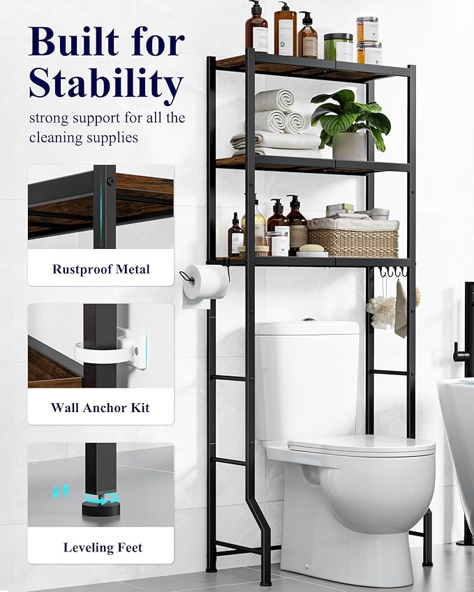 Kitsure Over The Toilet Storage Cabinet, Sturdy Bathroom Organizer, Easy Assembly, 3-Tier Shelf (61" H), Space Saving Storage for Small Bathroom, Heavy Duty Metal Frame, Brown & Black