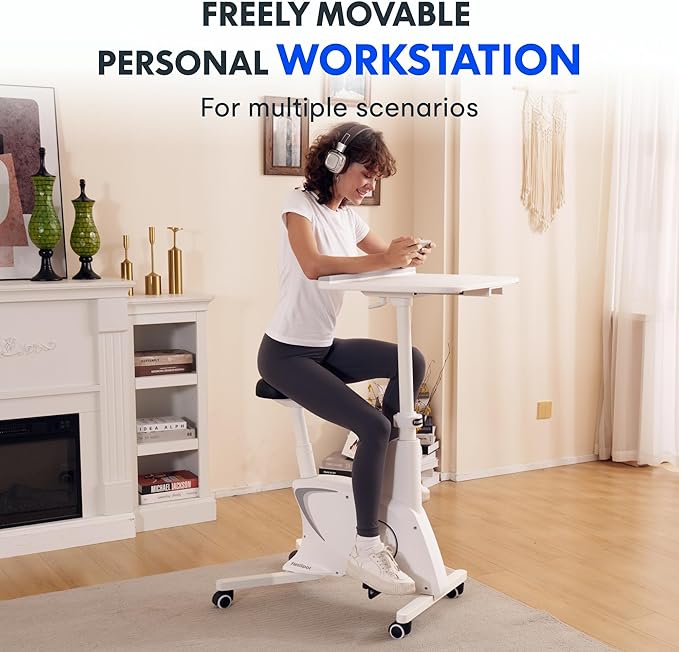 FLEXISPOT 3-in-1 Small Standing Desk with Wheels Exercise Bike Small Computer Desk for Laptop, Adjustable Height,2D Desktop,8-Level Resistance, Home Office Desks Workstation for Corner, White