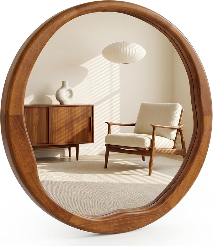 Walnut Round Wall Mirror 30 Inch, Large Solid Wood Framed Mirror with Wavy Inner Edge, Mid-Century Decor for Living Room, Dining Room & Entryway