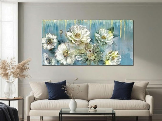 Ardemy Floral Canvas Wall Art for Living Room Large Magnolia White Flowers Teal Picture Bedroom Wall Decor Textured Painting Modern Turquoise Artwork Dining Room Home Office, Large 48"x24"
