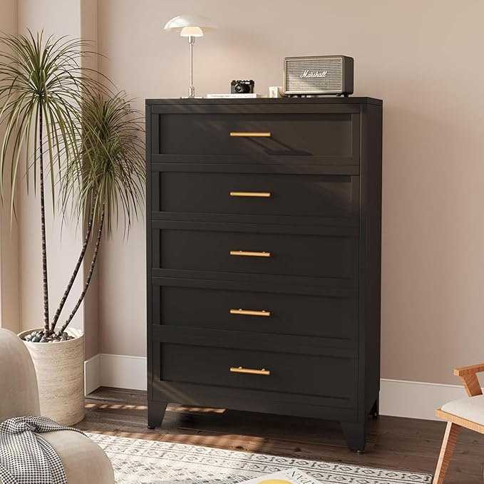 53.54" Tall Metal Dresser for Bedroom, 5 Drawer Black Closet Dressers Chests, Modern Storage Organizer Unit, Large Storage Space Drawer Storage Cabinet for Living Room, Entryway, Hallway