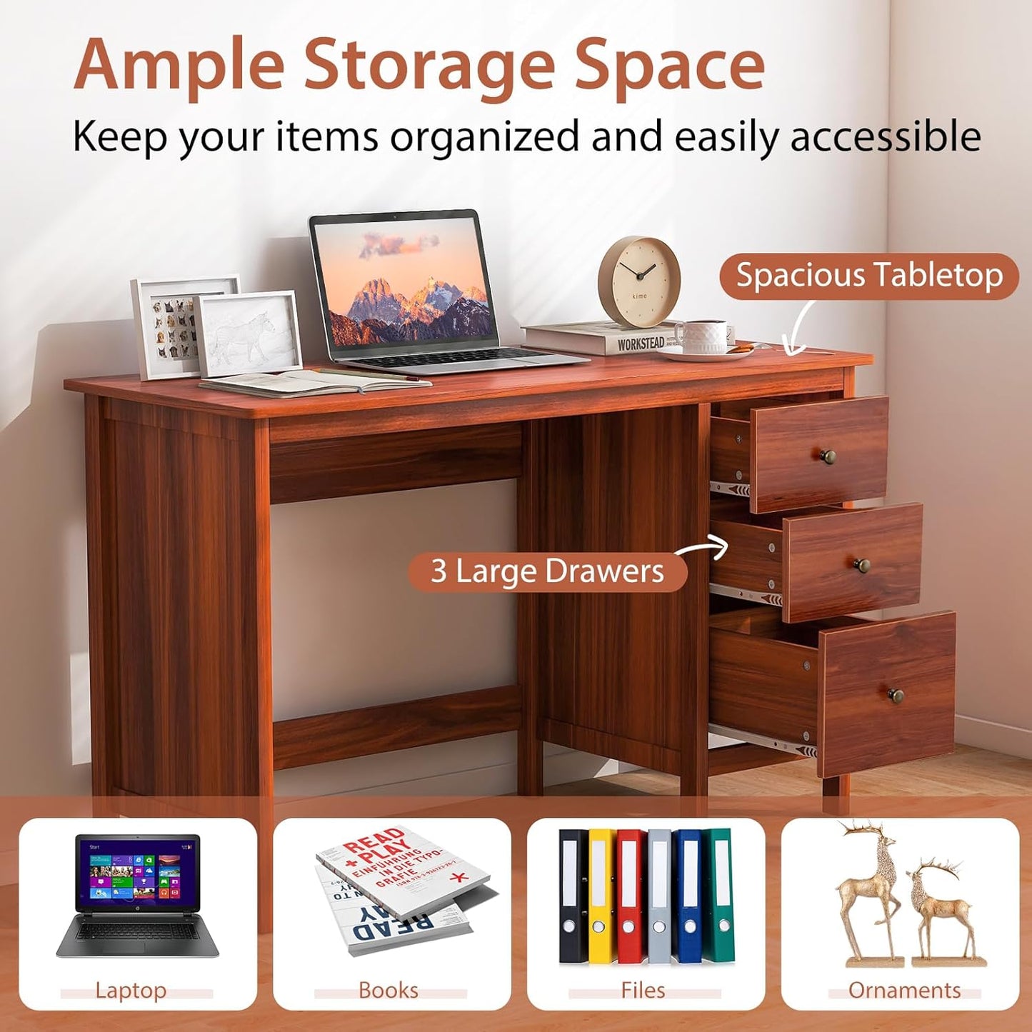 Tangkula Computer Desk - Modern Home Office Desk with 3 Storage Drawers | Compact Writing Workstation
