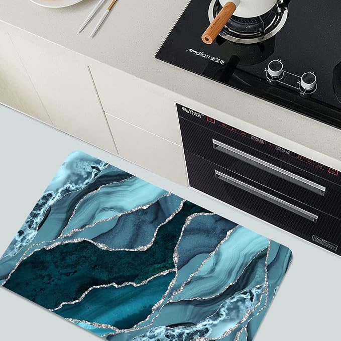 Diatomaceous Earth Bath Mat,Blue and Silver Marble Non-Slip Volume Super Absorbent Fast Drying for Bathroom Kitchen Door mat,Eco-Friendly Easy to Clean 20×31Inch(50 * 80cm)