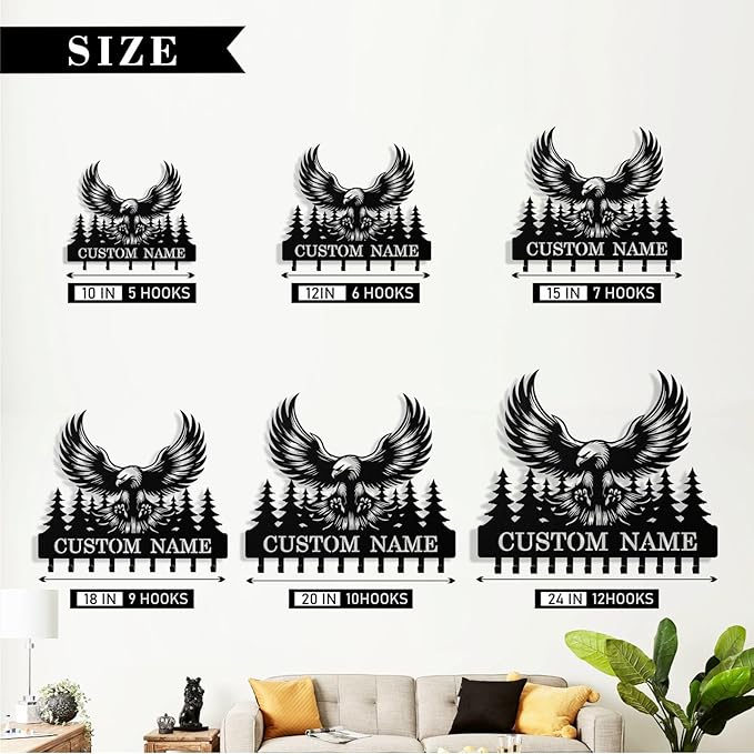 Syneiro Personalized Eagle Key Holder Wall Mount, Custom Metal Keys Holder for Wall with Name, Wall Home Key Hanger Rack with Hooks for Entryway, Front Door, Living Room, Kitchen, Bathroom, Garden