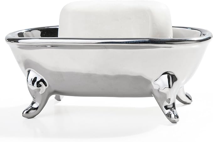 6.7" Ceramic Mini Clawfoot Bathtub Bar Soap Dish, Decorative Bar Soap Holder, Soap Tray Sponge Holder for Shower, Bathroom & Kitchen Sink (Silver)