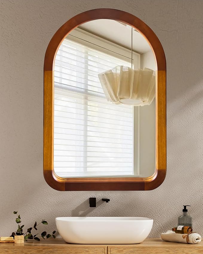 Arched Bathroom Mirror,Wood 24 x 36 Inch Arch Wall Mirror with Walnut Frame,Vanity Tempered Glass Mirror for Bedroom,Entryway,Living Room
