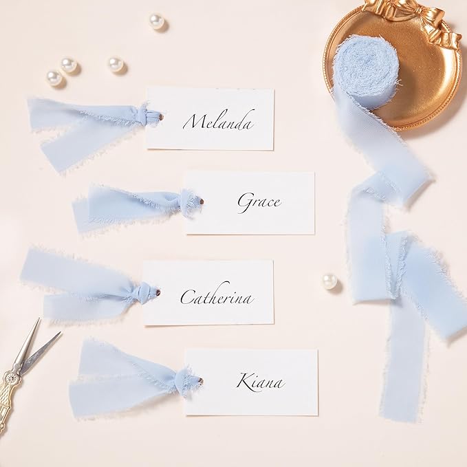 DORIS HOME Baby Blue Chiffon Ribbon for Flower Bouquet, 1" x21Yd Fabric Ribbon for Gift Wrapping, Handmade Frayed Ribbon for Wedding Invitations/Christmas Decorations