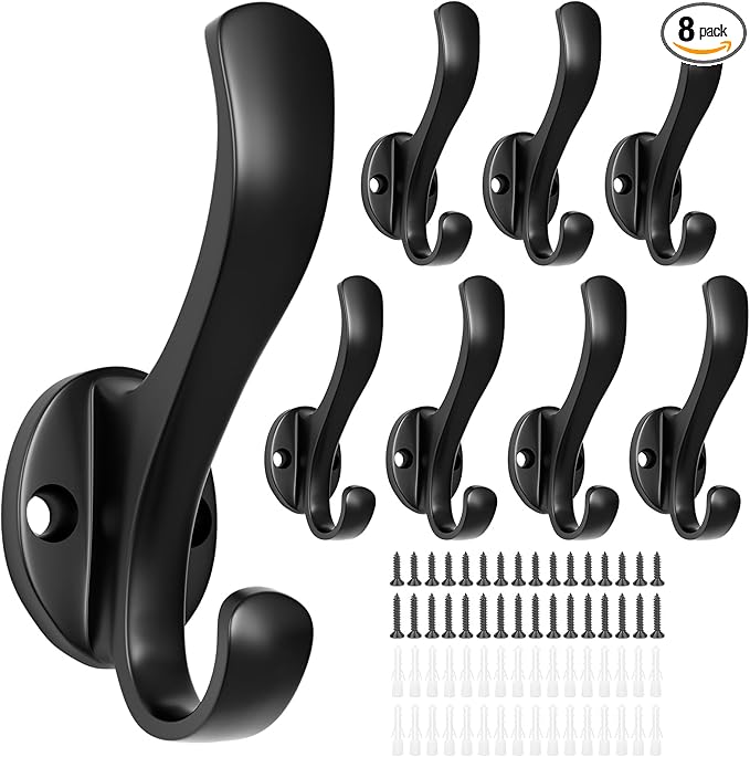 Coat Hooks Heavy Duty - Easy to Install Metal Towel Hooks Screw-in Wall Hooks for Hanging Hat, Towel, Key, Robe, Scarf, Bag, Cap (8 PCS Black)