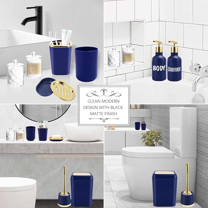 XLHOMO Navy Blue Bathroom Accessories Set -10 Piece Bathroom Accessory Set with Trash Can, Soap Dispenser, Soap Dish, Toothbrush Holder and Cup, Toilet Brush, Qtip Holder, Bathroom Decor Sets Complete