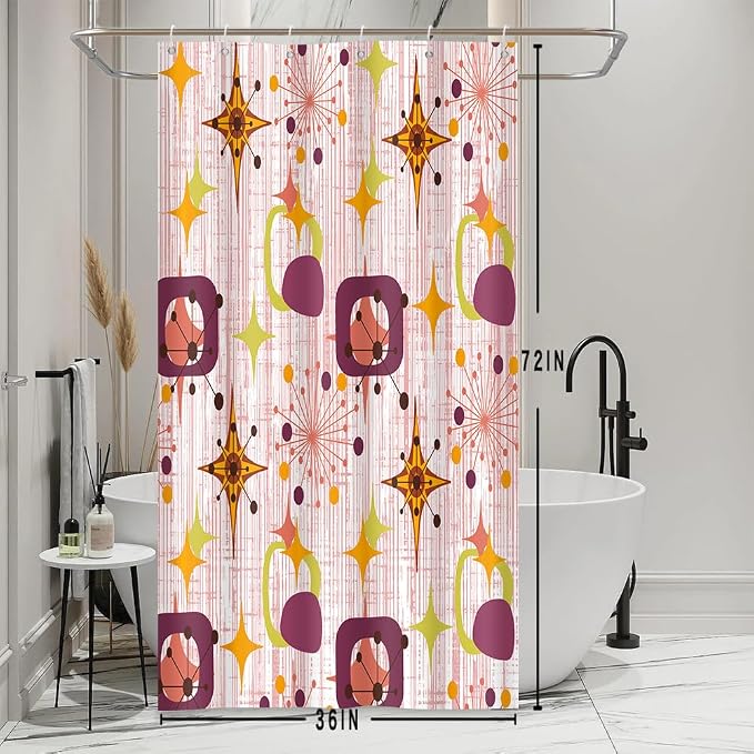 Mid Century Shower Curtain, 36x72inch, Modern Abstract Retro Red Striped Geometric Shower Curtain Sets 1950s Boho Bathroom Shower Curtain with 6 Hooks