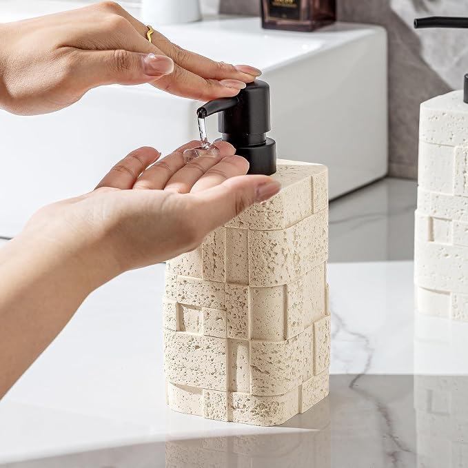 Soap Dispensers 400mL 13.5 OZ, 2 PCS Luxurious Hand Dish Lotion Shampoo Soap Dispenser Jar, Travertine Stone Look Soap Pump Bottles for Kitchen Bathroom Countertop (White)