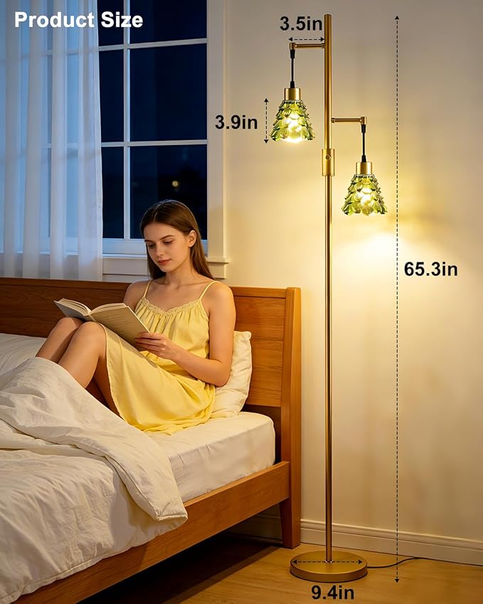 Lightdot 65IN Glass Floor Lamp for Living Room, 2- Light Gold Floor Lamps with Green Glass Shade& Warm White Bulbs, Modern Standing Tall Lamp with 5Lbs Heavy Base for Bedroom/Corner Beside/Home Decor