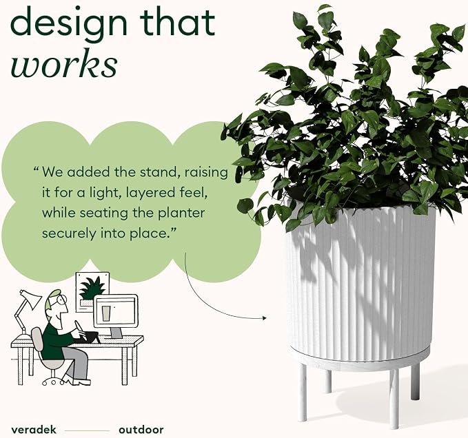 Veradek Demi Series Round Planter w/ Stand for Porch/Patio | Durable Plastic-Stone composite & Wooden Stand | Modern Décor for Tall Plants, Flowers