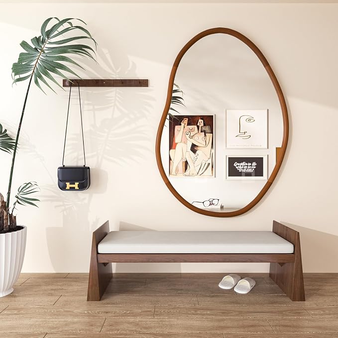 Irregular Wall Mirror Asymmetrical: Abstract Wood Frame 43x30 inch | Unique Vanity Glass Mirrors, Cloud-shape, Horizontal Vertical Hanging, Sleek Entryway Accent