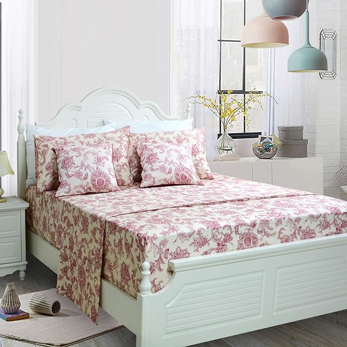 FADFAY Red Floral Bedding Elegant Bed Sheets Set Luxury Bedding Collections 800 Thread Count 100% Egyptian Cotton Deep Pocket Fitted Sheet,4 Piece-Queen Size