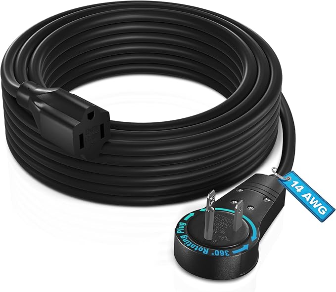 Maximm Extension Cord 50 Ft – 360° Rotating Flat Plug, 3-Prong Grounded, Heavy Duty 14AWG Wire – UL Certified, Indoor Power Cable – Ideal for Long Reach & Tight Spaces – Black