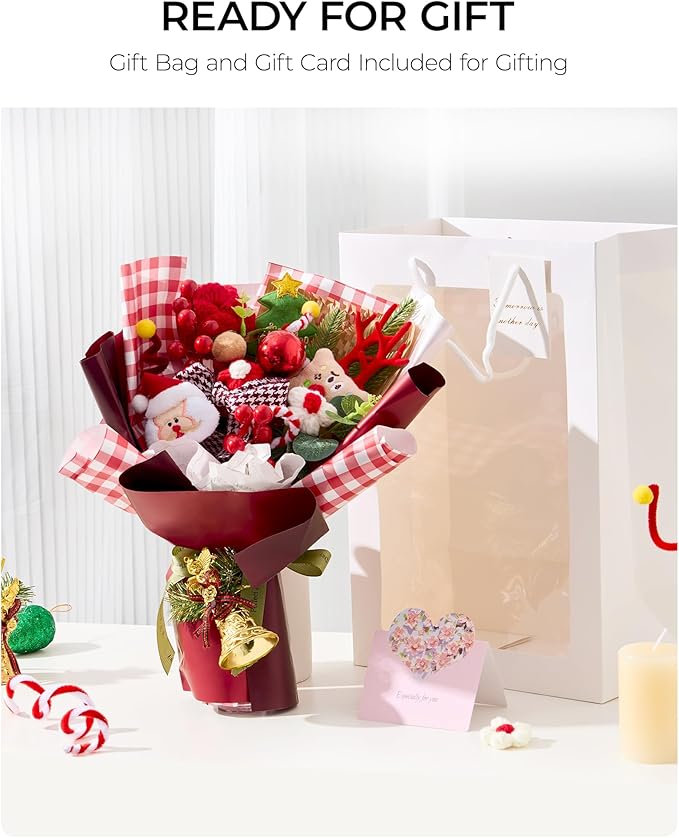 Christmas Crochet Flower Bouquet, Handmade Knitted Flowers with Rose Holly, for Lover Mother Women Family Friends, Lasting Holiday Home Decor